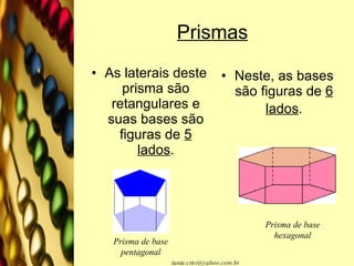 Prismas As laterais deste prisma são retangulares e suas bases são figuras de  5 lados . Neste, as bases são figuras de  6 lados . Prisma de base pentagonal Prisma de base hexagonal 