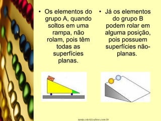 Os elementos do grupo A, quando soltos em uma rampa, não rolam, pois têm todas as superfícies planas. Já os elementos do grupo B podem rolar em alguma posição, pois possuem superfícies não-planas.  