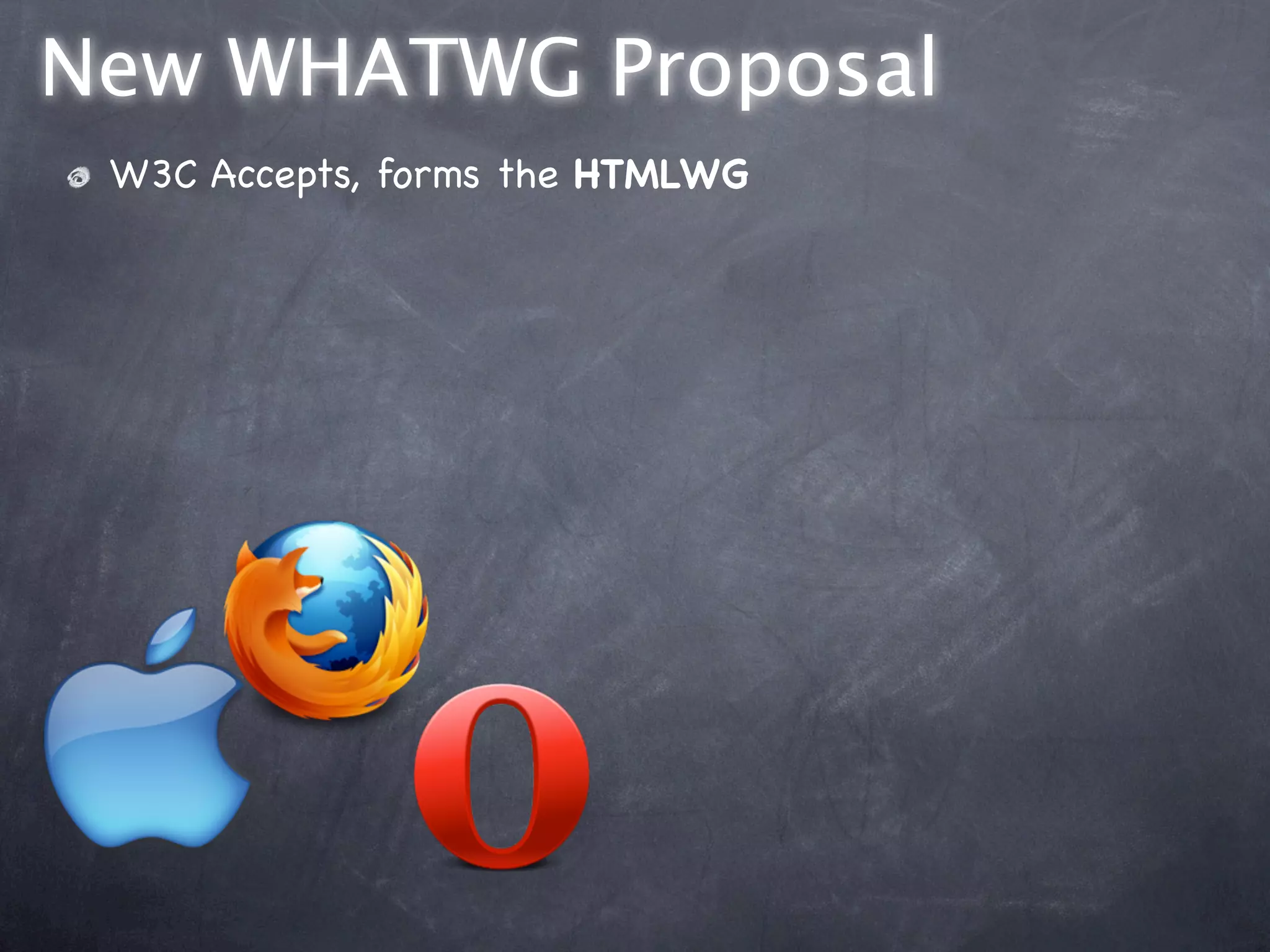 New WHATWG Proposal
 W3C Accepts, forms the HTMLWG
 