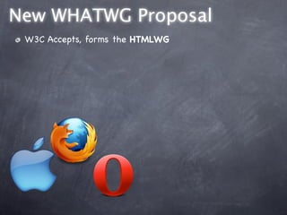 New WHATWG Proposal
 W3C Accepts, forms the HTMLWG
 