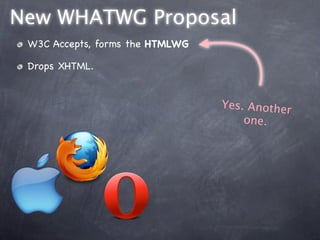 New WHATWG Proposal
 W3C Accepts, forms the HTMLWG

 Drops XHTML.


                                 Yes. Another
                                     one.
 