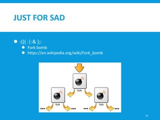 JUST FOR SAD
16
 :(){ :|:& };:
 Fork bomb
 https://en.wikipedia.org/wiki/Fork_bomb
 