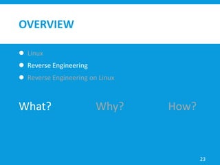 OVERVIEW
 Linux
 Reverse Engineering
 Reverse Engineering on Linux
23
What? Why? How?
 