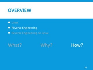 OVERVIEW
 Linux
 Reverse Engineering
 Reverse Engineering on Linux
31
What? Why? How?
 