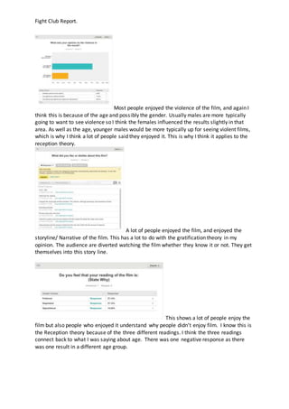 Fight Club Report.
Most people enjoyed the violence of the film, and again I
think this is because of the age and possibly the gender. Usually males are more typically
going to want to see violence so I think the females influenced the results slightly in that
area. As well as the age, younger males would be more typically up for seeing violent films,
which is why I think a lot of people said they enjoyed it. This is why I think it applies to the
reception theory.
A lot of people enjoyed the film, and enjoyed the
storyline/ Narrative of the film. This has a lot to do with the gratification theory in my
opinion. The audience are diverted watching the film whether they know it or not. They get
themselves into this story line.
This shows a lot of people enjoy the
film but also people who enjoyed it understand why people didn’t enjoy film. I know this is
the Reception theory because of the three different readings. I think the three readings
connect back to what I was saying about age. There was one negative response as there
was one result in a different age group.
 