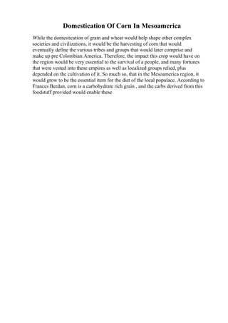 Domestication Of Corn In Mesoamerica
While the domestication of grain and wheat would help shape other complex
societies and civilizations, it would be the harvesting of corn that would
eventually define the various tribes and groups that would later comprise and
make up pre Colombian America. Therefore, the impact this crop would have on
the region would be very essential to the survival of a people, and many fortunes
that were vested into these empires as well as localized groups relied, plus
depended on the cultivation of it. So much so, that in the Mesoamerica region, it
would grow to be the essential item for the diet of the local populace. According to
Frances Berdan, corn is a carbohydrate rich grain , and the carbs derived from this
foodstuff provided would enable these
 