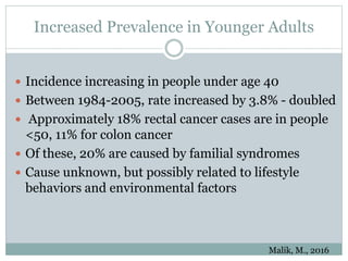Increased Prevalence in Younger Adults
 Incidence increasing in people under age 40
 Between 1984-2005, rate increased by 3.8% - doubled
 Approximately 18% rectal cancer cases are in people
<50, 11% for colon cancer
 Of these, 20% are caused by familial syndromes
 Cause unknown, but possibly related to lifestyle
behaviors and environmental factors
Malik, M., 2016
 