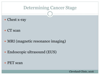 Determining Cancer Stage
 Chest x-ray
 CT scan
 MRI (magnetic resonance imaging)
 Endoscopic ultrasound (EUS)
 PET scan
Cleveland Clinic, 2016
 