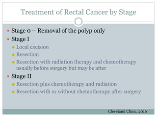Treatment of Rectal Cancer by Stage
 Stage 0 – Removal of the polyp only
 Stage I
 Local excision
 Resection
 Resection with radiation therapy and chemotherapy
usually before surgery but may be after
 Stage II
 Resection plus chemotherapy and radiation
 Resection with or without chemotherapy after surgery
Cleveland Clinic, 2016
 