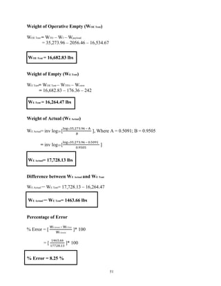51
Weight of Operative Empty (WOE Tent)
WOE Tent = WTO – Wf – Wpayload
= 35,273.96 – 2056.46 – 16,534.67
WOE Tent = 16,682.83 lbs
Weight of Empty (WE Tent)
WE Tent= WOE Tent – WTFO – Wcrew
= 16,682.83 – 176.36 – 242
WE Tent = 16,264.47 lbs
Weight of Actual (WE Actual)
WE Actual= inv log10 [
10 , . –
], Where A = 0.5091; B = 0.9505
= inv log10 [
10 , . – .
.
]
WE Actual= 17,728.13 lbs
Difference between WE Actual and WE Tent
WE Actual – WE Tent= 17,728.13 – 16,264.47
WE Actual – WE Tent= 1463.66 lbs
Percentage of Error
% Error = [
E Actual – E Tent
E Actual
]* 100
= [
.
.
]* 100
% Error = 8.25 %
 