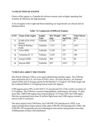 55
7.4 SELECTION OF ENGINE
Choice of the engine is a Turbofan for obvious reasons such as higher operating fuel
economy & efficiency for high payloads.
A list of engines with weight and thrust matching our requirements are chosen and are
tabulated below
Table 7.2 Comparison of Different Engines
S.NO Name of the engine Engine
Type
Dry Weight
(kg)
SFC
(kg/kN.h)
Total Thrust
(kN)
1. GTRE GTX-35VS
Kaveri
Turbofan 1,236 207 81
2. Pratt & Whitney
F100
Turbofan 1,737 197 129.7
3. Volvo RM8 Turbofan 2,350 257 125
4. Tumansky R- 15 Turbojet 2,454 275 100
5. Eurojet EJ200 Turbofan 988 176 90
6. Snecma M88 Turbofan 897 169.5 75
7.5 DETAILS ABOUT THE ENGINE
The Pratt & Whitney F100 is a two-spool afterburning turbofan engine. The F100 has
been selected by the U.S. Air Force (USAF), Navy, Air Force Reserve, Air National
Guard (ANG) and 22 foreign nations for the Boeing F-15 Eagle/F-15E Strike Eagle and
the Lockheed Martin F-16 Fighting Falcon multi-role fighters.
F100 engines power 99% of all USAF F-15 aircraft and 62% of the world’s inventory of
F-16 fighters. The F100 has a record of dependability, performance and safety. To date,
more than 7,000 F100 engines have been produced. As of July 2018, the F100 engine
fleet has accumulated more than 28 million flight hours and 3,800 engines remain in
service with 23 customers.
The latest model in the F100 Series, the F100-PW-229 (introduced in 1992), is an
improved high-thrust improvement of the older F100-PW-220 (introduced in 1986). The
F100-PW-229 incorporates proven technological innovations and generates more than
29,000 pounds of thrust with afterburner.
 