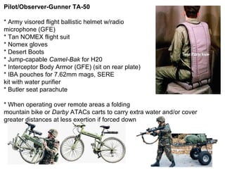 Pilot/Observer-Gunner TA-50

* Army visored flight ballistic helmet w/radio
microphone (GFE)
* Tan NOMEX flight suit
* Nomex gloves
* Desert Boots
* Jump-capable Camel-Bak for H20
* Interceptor Body Armor (GFE) (sit on rear plate)
* IBA pouches for 7.62mm mags, SERE
kit with water purifier
* Butler seat parachute

* When operating over remote areas a folding
mountain bike or Darby ATACs carts to carry extra water and/or cover
greater distances at less exertion if forced down
 