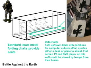 Detachable
   Standard issue metal     Fold up/down table with partitions
   folding chairs provide   for computer cubicle effect creates
   seats                    either a desk or place to sit/eat. Flat
                            screen TV and DVD player on this
                            wall could be viewed by troops from
                            their bunks
Battle Against the Earth
 