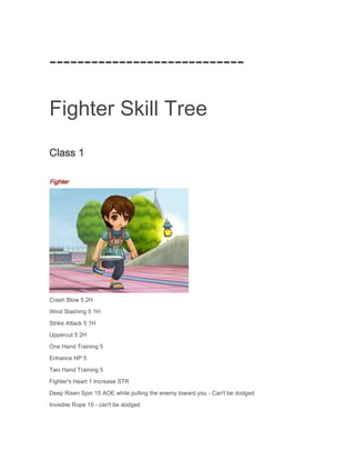 ---------------------------Fighter Skill Tree
Class 1
Fighter

Crash Blow 5 2H
Wind Slashing 5 1H
Strike Attack 5 1H
Uppercut 5 2H
One Hand Training 5
Enhance HP 5
Two Hand Training 5
Fighter's Heart 1 Increase STR
Deep Risen Spin 15 AOE while pulling the enemy toward you - Can't be dodged
Invisible Rope 15 - can't be dodged

 