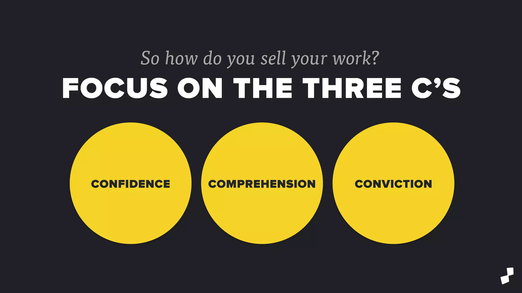 So how do you sell your work?
FOCUS ON THE THREE C’S
CONVICTIONCONFIDENCE COMPREHENSION
 