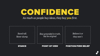CONFIDENCEAs much as people buy ideas, they buy you first.
Stand tall.
Never slump.
Stay grounded in truth,
but be original
Believe it or
they won’t
STANCE POINT OF VIEW POSITION/FIRM BELIEF
 