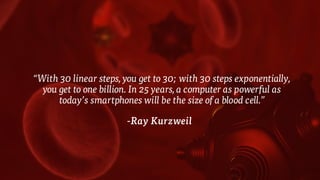 -Ray Kurzweil
“With 30 linear steps, you get to 30; with 30 steps exponentially,
you get to one billion. In 25 years, a co...