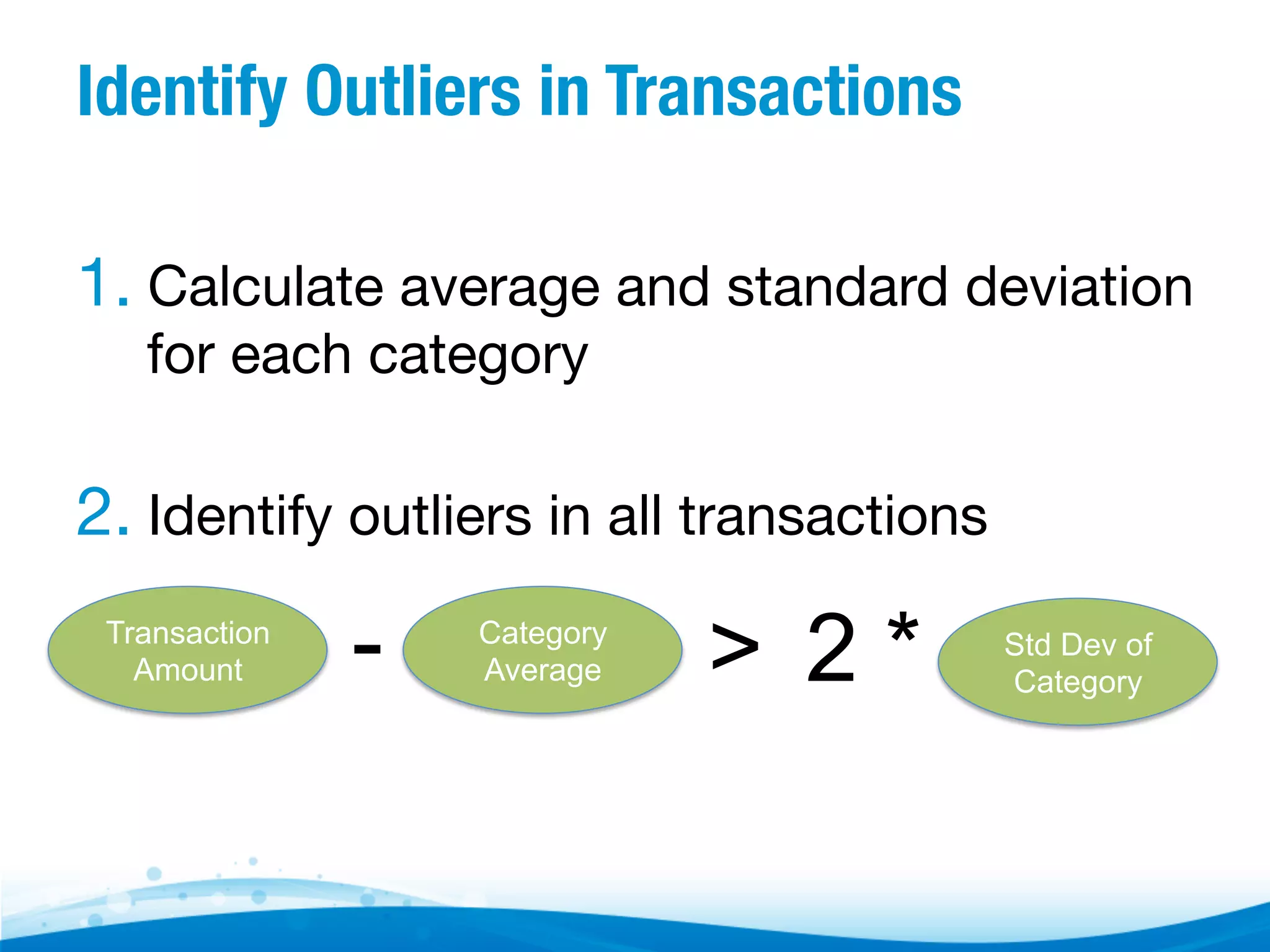 Identify Outliers in Transactions


1.  Calculate average and standard deviation
for each category



2.  Identify outliers in all transactions
Transaction
Amount

-

Category
Average

> 2*

Std Dev of
Category

 