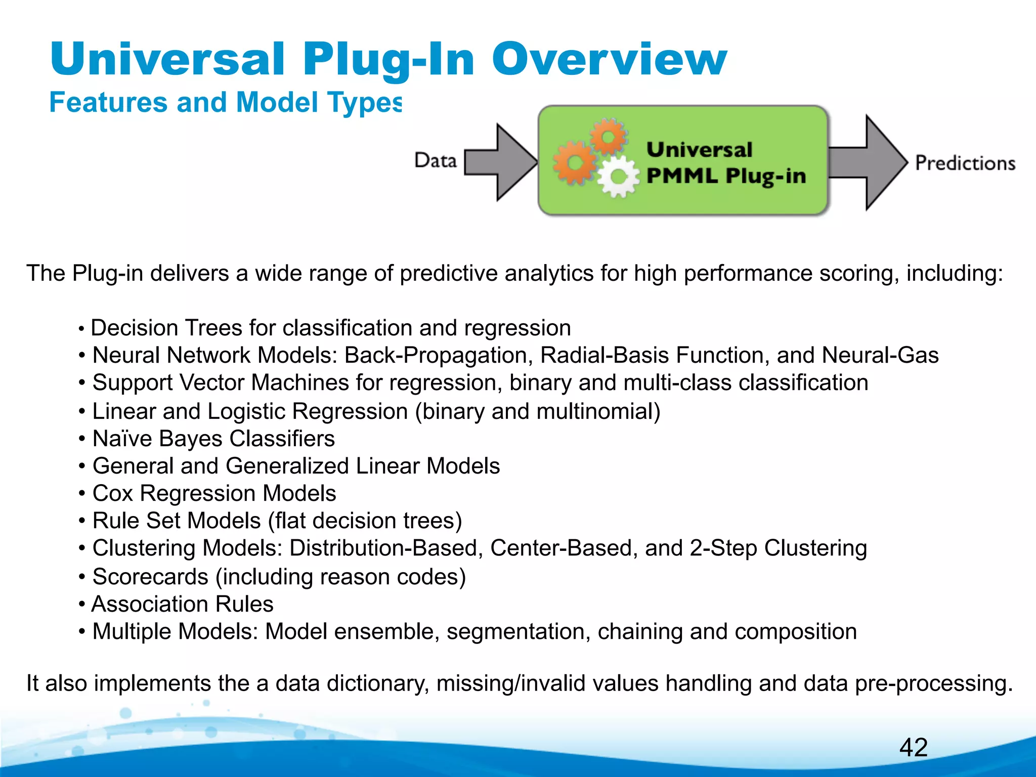Universal Plug-In Overview
Features and Model Types

The Plug-in delivers a wide range of predictive analytics for high performance scoring, including:
•  Decision Trees for classification and regression

•  Neural Network Models: Back-Propagation, Radial-Basis Function, and Neural-Gas
•  Support Vector Machines for regression, binary and multi-class classification
•  Linear and Logistic Regression (binary and multinomial)
•  Naïve Bayes Classifiers
•  General and Generalized Linear Models
•  Cox Regression Models
•  Rule Set Models (flat decision trees)
•  Clustering Models: Distribution-Based, Center-Based, and 2-Step Clustering
•  Scorecards (including reason codes)
•  Association Rules
•  Multiple Models: Model ensemble, segmentation, chaining and composition
It also implements the a data dictionary, missing/invalid values handling and data pre-processing.

42

 
