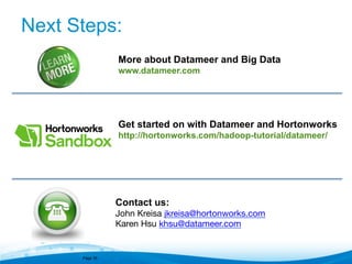 Next Steps:
More about Datameer and Big Data
www.datameer.com

Get started on with Datameer and Hortonworks
http://hortonworks.com/hadoop-tutorial/datameer/

Contact us:
John Kreisa jkreisa@hortonworks.com 

Karen Hsu khsu@datameer.com 

Page 35

 