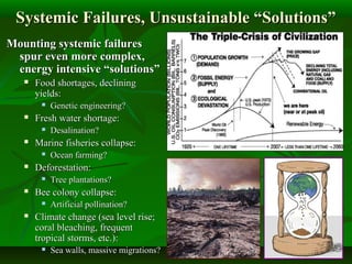 Systemic Failures, Unsustainable “Solutions”Systemic Failures, Unsustainable “Solutions”
Mounting systemic failuresMounting systemic failures
spur even more complex,spur even more complex,
energy intensive “solutions”energy intensive “solutions”
 Food shortages, decliningFood shortages, declining
yields:yields:
 Genetic engineering?Genetic engineering?
 Fresh water shortage:Fresh water shortage:
 Desalination?Desalination?
 Marine fisheries collapse:Marine fisheries collapse:
 Ocean farming?Ocean farming?
 Deforestation:Deforestation:
 Tree plantations?Tree plantations?
 Bee colony collapse:Bee colony collapse:
 Artificial pollination?Artificial pollination?
 Climate change (sea level rise;Climate change (sea level rise;
coral bleaching, frequentcoral bleaching, frequent
tropical storms, etc.):tropical storms, etc.):
 Sea walls, massive migrations?Sea walls, massive migrations?
 