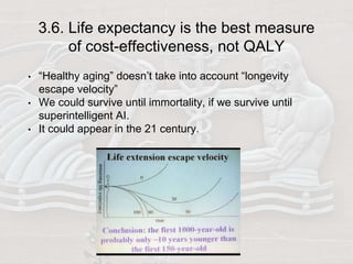 3.6. Life expectancy is the best measure
of cost-effectiveness, not QALY
• “Healthy aging” doesn’t take into account “longevity
escape velocity”
• We could survive until immortality, if we survive until
superintelligent AI.
• It could appear in the 21 century.
 
