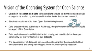 Vision of the Operating System for Open Science
33
● Common Research and Data Infrastructure should be distributed and robust
enough to be scaled up and reused for other tasks like cancer research.
● Services should be build from Open Source components.
● Data processed and published in FAIR way, the provenance information should
be a part of the Data Lake.
● Data evaluation and credibility is the top priority, we need tools for the expert
community for the verification of our datasets
● The transparency of data and services should guarantee the reproducibility of
all experiments and bring new insights in the multidisciplinary research
 