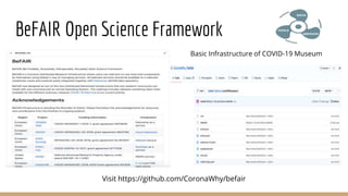 BeFAIR Open Science Framework
Visit https://github.com/CoronaWhy/befair
Basic Infrastructure of COVID-19 Museum
 