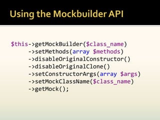 $this->getMockBuilder($class_name)
     ->setMethods(array $methods)
     ->disableOriginalConstructor()
     ->disableOriginalClone()
     ->setConstructorArgs(array $args)
     ->setMockClassName($class_name)
     ->getMock();
 