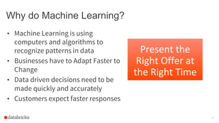 Why do Machine Learning?
• Machine Learning is using
computers and algorithms to
recognize patterns in data
• Businesses have to Adapt Faster to
Change
• Data driven decisions need to be
made quickly and accurately
• Customers expect faster responses
15
 