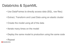 Databricks & SparkML
• Use DataFrames to directly access data (SQL, raw files)
• Extract, Transform and Load Data using an elastic cluster
• Create the model using all of the data
• Iterate many times on the model
• Deploy the same model to production using the same code
• Repeat
 