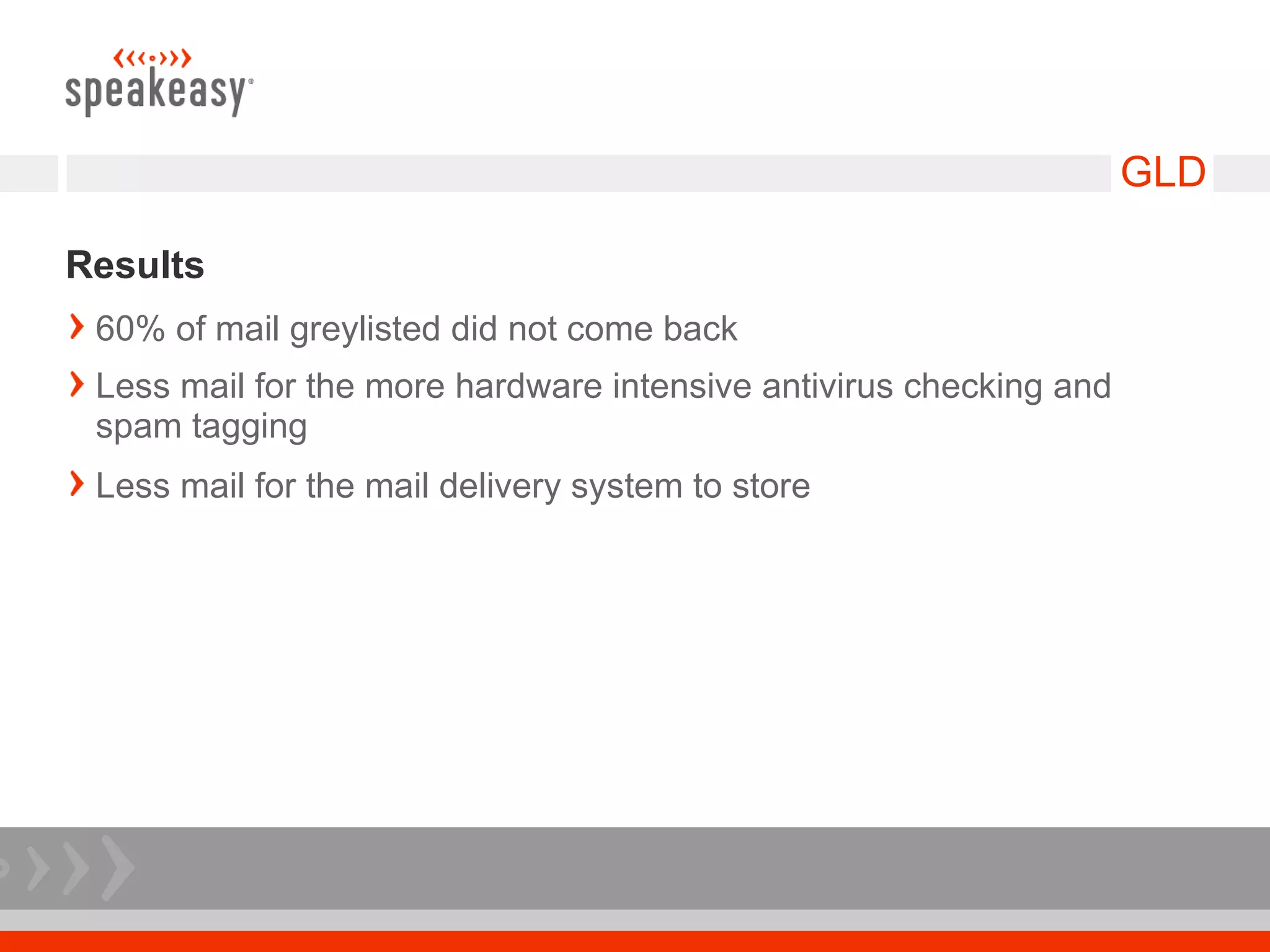 GLD

Results
 60% of mail greylisted did not come back
 Less mail for the more hardware intensive antivirus checking and
 spam tagging
 Less mail for the mail delivery system to store
 