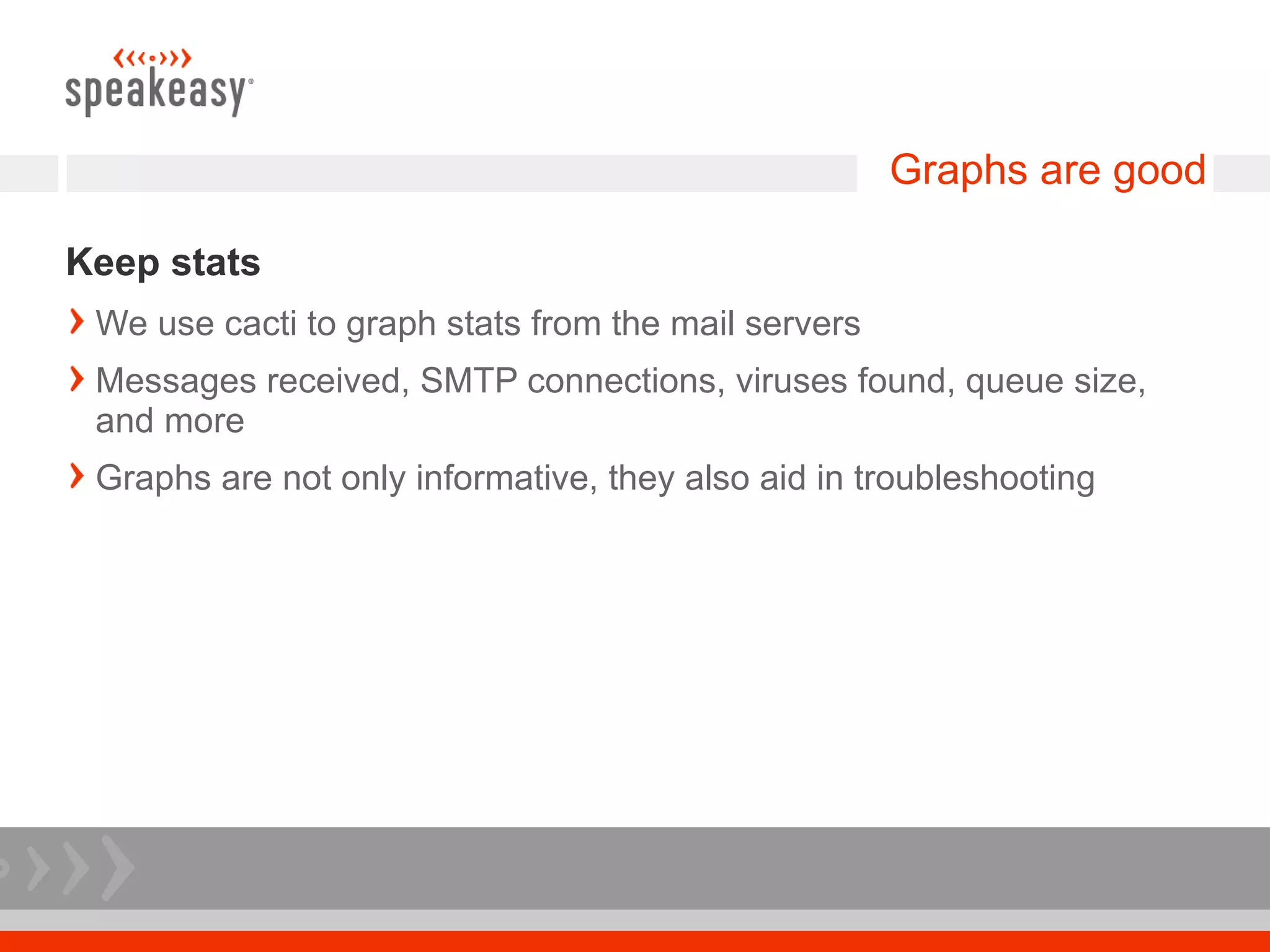 Graphs are good

Keep stats
 We use cacti to graph stats from the mail servers
 Messages received, SMTP connections, viruses found, queue size,
 and more
 Graphs are not only informative, they also aid in troubleshooting
 