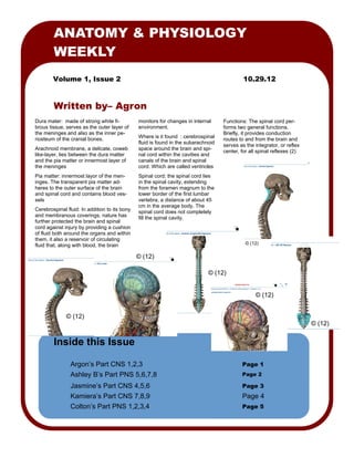 ANATOMY & PHYSIOLOGY
        WEEKLY
        Volume 1, Issue 2                                                                    10.29.12



        Written by– Agron
Dura mater: made of strong white fi-           monitors for changes in internal     Functions: The spinal cord per-
brous tissue, serves as the outer layer of     environment.                         forms two general functions.
the meninges and also as the inner pe-                                              Briefly, it provides conduction
riosteum of the cranial bones.                 Where is it found : cerebrospinal
                                                                                    routes to and from the brain and
                                               fluid is found in the subarachnoid
                                                                                    serves as the integrator, or reflex
Arachnoid membrane, a delicate, coweb          space around the brain and spi-
                                                                                    center, for all spinal reflexes (2)
like-layer, lies between the dura matter       nal cord within the cavities and
and the pia matter or innermost layer of       canals of the brain and spinal
the meninges                                   cord. Which are called ventricles
Pia matter: innermost layor of the men-        Spinal cord: the spinal cord lies
inges. The transparent pia matter ad-          in the spinal cavity, extending
heres to the outer surface of the brain        from the foramen magnum to the
and spinal cord and contains blood ves-        lower border of the first lumbar
sels                                           vertebra, a distance of about 45
                                               cm in the average body. The
Cerebrospinal fluid: In addition to its bony   spinal cord does not completely
and membranous coverings, nature has           fill the spinal cavity.
further protected the brain and spinal
cord against injury by providing a cushion
of fluid both around the organs and within
them, it also a reservoir of circulating
fluid that, along with blood, the brain                                                       © (12)

                                               © (12)

                                                                              © (12)


                                                                                                  © (12)


              © (12)
                                                                                                                          © (12)


        Inside this Issue

                Argon’s Part CNS 1,2,3                                                      Page 1
                Ashley B’s Part PNS 5,6,7,8                                                 Page 2

                Jasmine’s Part CNS 4,5,6                                                    Page 3
                Kamiera’s Part CNS 7,8,9                                                    Page 4
                Colton’s Part PNS 1,2,3,4                                                   Page 5
 