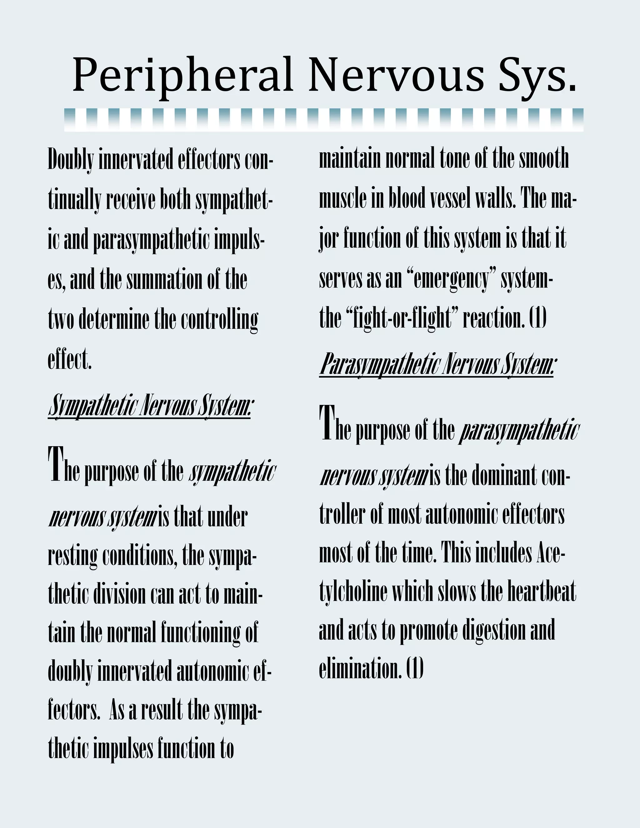 Peripheral	Nervous	Sys.	
Doubly innervated effectors con-   maintain normal tone of the smooth
tinually receive both sympathet-   muscle in blood vessel walls. The ma-
ic and parasympathetic impuls-     jor function of this system is that it
es, and the summation of the       serves as an “emergency” system-
two determine the controlling      the “fight-or-flight” reaction. (1)
effect.                            Parasympathetic Nervous System:
Sympathetic Nervous System:
                                   The purpose of the parasympathetic
The purpose of the sympathetic     nervous system is the dominant con-
nervous system is that under       troller of most autonomic effectors
resting conditions, the sympa-     most of the time. This includes Ace-
thetic division can act to main-   tylcholine which slows the heartbeat
tain the normal functioning of     and acts to promote digestion and
doubly innervated autonomic ef-    elimination. (1)
fectors. As a result the sympa-
thetic impulses function to
 