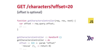 function getCharactersController(req, res, next) {
var offset = req.query.offset;
// ...
}
GET /characters?offset=20
(offset is optional)
getCharactersController :: HandlerM ()
getCharactersController = do
offset :: Int <- param "offset"
`rescue` (_ -> return 0)
-- ...
 