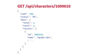 {
"code": 200,
"status": "Ok",
"data": {
"total": 1,
"count": 1,
"results": [
{
"id": 1009610,
"name": "Spider-Man",
// ...
}
]
}
}
GET /api/characters/1009610
 
