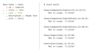 data Comic = Comic
{ id :: ComicId
- , title :: Text
+ , name :: Text
, description :: Maybe Text
, urls :: [Url]
$ stack build
Views/Components/ComicsList.hs:23:57:
Not in scope: ‘C.title’
Views/Components/ComicDetails.hs:29:31:
Not in scope: ‘C.title’
Views/Components/ComicDetails.hs:30:33:
Not in scope: ‘C.title’
Views/Pages/Comic.hs:27:50:
Not in scope: ‘C.title’
Controllers/Comic.hs:71:23:
Not in scope: ‘C.title’
 