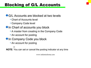 Blocking of G/L Accounts

G/L Accounts are blocked at two levels
   • Chart of Accounts level
   • Company Code level
In Chart of accounts you block
   • A master from creating in the Company Code
   • An account for posting
In Company Code you block
   • An account for posting
      14
NOTE: You can set or cancel the posting indicator at any time

                             www.indiantaxhome.com
 
