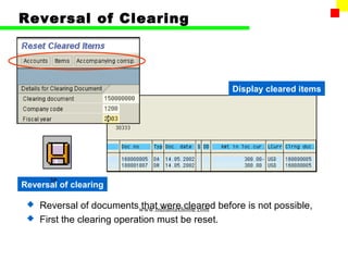 Reversal of Clearing




                                                 Display cleared items




      39
Reversal of clearing

  Reversal of documentswww.indiantaxhome.com before is not possible,
                            that were cleared
  First the clearing operation must be reset.
 