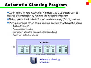 Automatic Clearing Program

Open   items for G/L Accounts, Vendors and Customers can be
cleared automatically by running the Clearing Program
Set up predefined criteria for automatic clearing (Configuration)
Program groups those items from an account that have the same
    • Trading Partner ID
    • Reconciliation Number
    • Currency in which the General Ledger is updated
    • Four freely definable criteria


                                    Accounts
              xxxxxx        xxxxxx         xxxxxx        xxxxxx
     44       ----   ----   ----   ----    ----   ----   ----   ----
              ----   ----   ----   ----    ----   ----   ----   ----
              ----   ----   ----   ----    ----   ----   ----   ----
              ----   ----   ----   ----    ----   ----   ----   ----
              ----   ----   ----   ----    ----   ----   ----   ----

                                www.indiantaxhome.com

                                    Automatic clearing
                                    program
 
