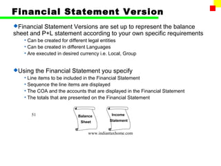 Financial Statement Version
Financial Statement Versions are set up to represent the balance
sheet and P+L statement according to your own specific requirements
   • Can be created for different legal entities
   • Can be created in different Languages
   • Are executed in desired currency i.e. Local, Group


Using   the Financial Statement you specify
   • Line items to be included in the Financial Statement
   • Sequence the line items are displayed
   • The COA and the accounts that are displayed in the Financial Statement
   • The totals that are presented on the Financial Statement


      51                    Balance        Income
                             Sheet        Statement


                                www.indiantaxhome.com
 