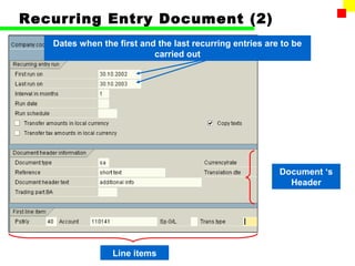 Recurring Entry Document (2) 
Dates when the first and the last recurring entries are to be 
carried out 
Document ‘s 
Header 
Line items 
 