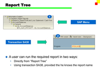 Report Tree
2
1
SAP Menu
Transaction SA38
 A user can run the required report in two ways:
• Directly from “Report Tree”
• Using transaction SA38, provided the he knows the report name
 