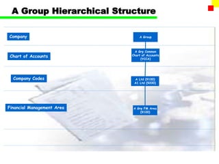 A Group Hierarchical Structure
A Grp Common
Chart of Accounts
(YCCA)
Company
Chart of Accounts
Company Codes
Financial Management Area A Grp FM Area
(9100)
A Ltd (9100)
A1 Ltd (9200)
A Group
 