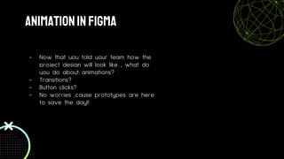 ANiMATIONINFIGMA
- Now that you told your team how the
project design will look like , what do
you do about animations?
- Transitions?
- Button clicks?
- No worries ,cause prototypes are here
to save the day!!
 