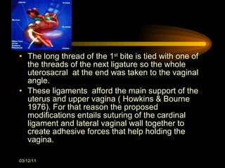 The long thread of the 1 st  bite is tied with one of the threads of the next ligature so the whole uterosacral  at the end was taken to the vaginal angle. These ligaments  afford the main support of the uterus and upper vagina ( Howkins & Bourne 1976). For that reason the proposed modifications entails suturing of the cardinal ligament and lateral vaginal wall together to create adhesive forces that help holding the vagina.  03/12/11 