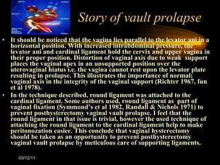 Story of vault prolapse It should be noticed that the vagina lies parallel to the levator ani in a horizontal position. With increased intrabdominal pressure, the levator ani and cardinal ligament hold the cervix and upper vagina in their proper position. Distortion of vaginal axis due to weak  support places the vaginal apex in an unsupported position over the uterovaginal hiatus i.e. the vagina cannot rest upon the levator plate resulting in prolapse. This illustrates the importance of normal; vaginal axis in the integrity of the vaginal support (Richter 1967, fun et al 1978). In the technique described, round ligament was attached to the cardinal ligament. Some authors used, round ligament as  part of vaginal fixation (Symmond ’s et al 1982, Randall & Nichols 1971) to prevent posthysterectomy vaginal vault prolapse. I feel that the round ligament in that issue is trivial, however the used technique of attaching the round ligament to the cardinal ligament help to make peritonozation easier. This conclude that vaginal hysterectomy  should be taken as an opportunity to prevent posthysterectomy vaginal vault prolapse by meticulous care of supporting ligaments. 03/12/11 