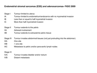 Endometrial stromal sarcomas (ESS) and adenosarcomas- FIGO 2009


Stage I     Tumour limited to uterus
IA          Tumour limited to endometrium/endocervix with no myometrial invasion
IB          Less than or equal to half myometrial invasion
IC          More than half myometrial invasion

Stage II    Tumour extends to the pelvis
IIA         Adnexal involvement
IIB         Tumour extends to extrauterine pelvic tissue

Stage III   Tumour invades abdominal tissues (not just protruding into the abdomen)
IIIA        One site
IIIB        > one site
IIIC        Metastasis to pelvic and/or para-aortic lymph nodes

Stage IV
IVA         Tumour invades bladder and/or rectum
IVB         Distant metastasis
 