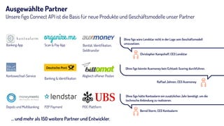 Ausgewählte Partner
Unsere ﬁgo Connect API ist die Basis für neue Produkte und Geschäftsmodelle unser Partner
Ohne ﬁgo hätte Kontoalarm ein zusätzliches Jahr benötigt, um die
technische Anbindung zu realisieren.
Ohne ﬁgo könnte Auxmoney kein Echtzeit-Scoring durchführen.
Ohne ﬁgo wäre Lendstar nicht in der Lage sein Geschäftsmodell
umzusetzen.
… und mehr als 150 weitere Partner und Entwickler.
Banking App Scan & Pay App Bonität, Identiﬁkation,
Geldtransfer
Kontowechsel-Service
Banking & Identiﬁkation
Abgleich offener Posten
Depots und Multibanking P2P Payment POC Plattform
Christopher Kampshoff, CEO Lendstar
Raffael Johnen, CEO Auxmoney
Bernd Storm, CEO Kontoalarm
 